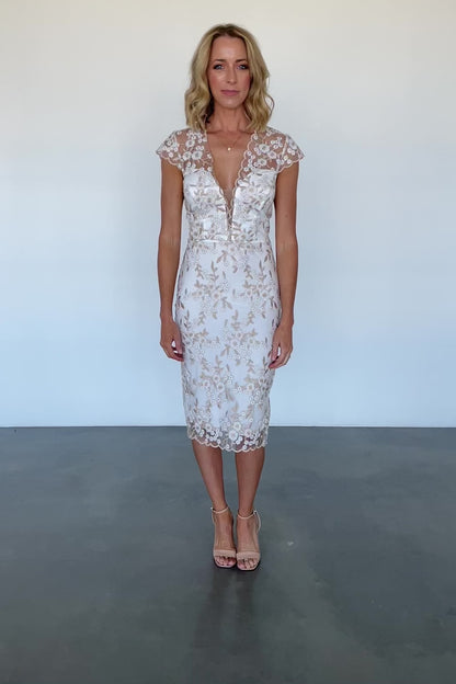 Monique Embroidered Midi Dress | White + Gold