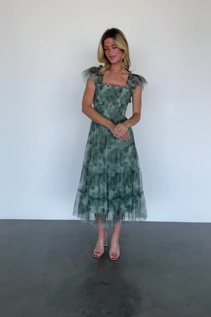 Clementine Tulle Midi Dress | Dusty Green Print