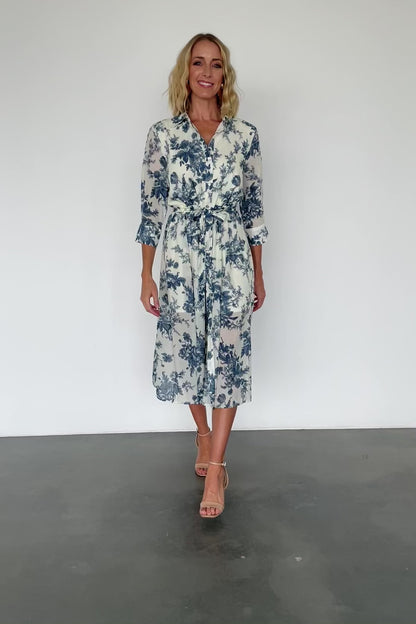 Eunice Button Midi Dress | Ivory + Blue Floral