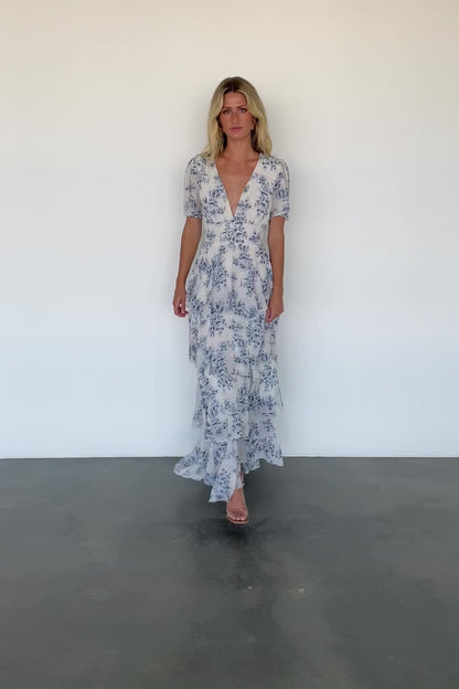 Montaigne Ruffle Maxi Dress | Off White + Blue