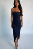 Model showcasing the Caldwell Denim Midi Dress in Dark Wash, strapless dark navy denim midi dress with pleated bust, ruched body, and tulip skirt with side slit