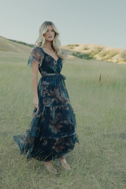 Nicola Tulle Maxi Dress | Dark Blue Floral
