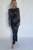 Black mesh bodycon midi dress with muted gold floral print, sheer long sleeves, a round neckline, flattering side ruching, and a thigh-high side slit.
