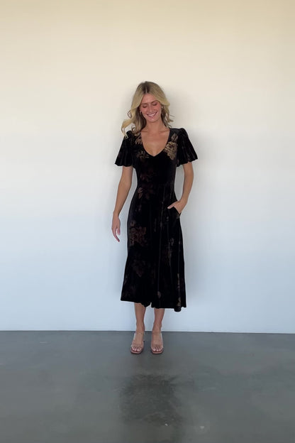 Janna Velvet Midi Dress | Black + Bronze Floral