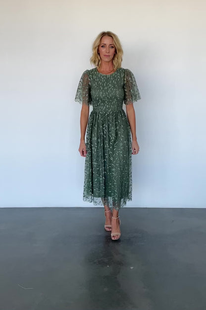 Kendra Embroidered Dress | Dark Sage