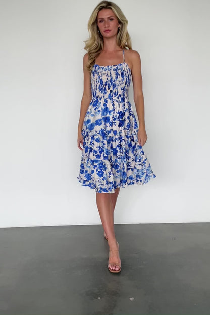 Calina Midi Dress | Ivory + Blue Floral