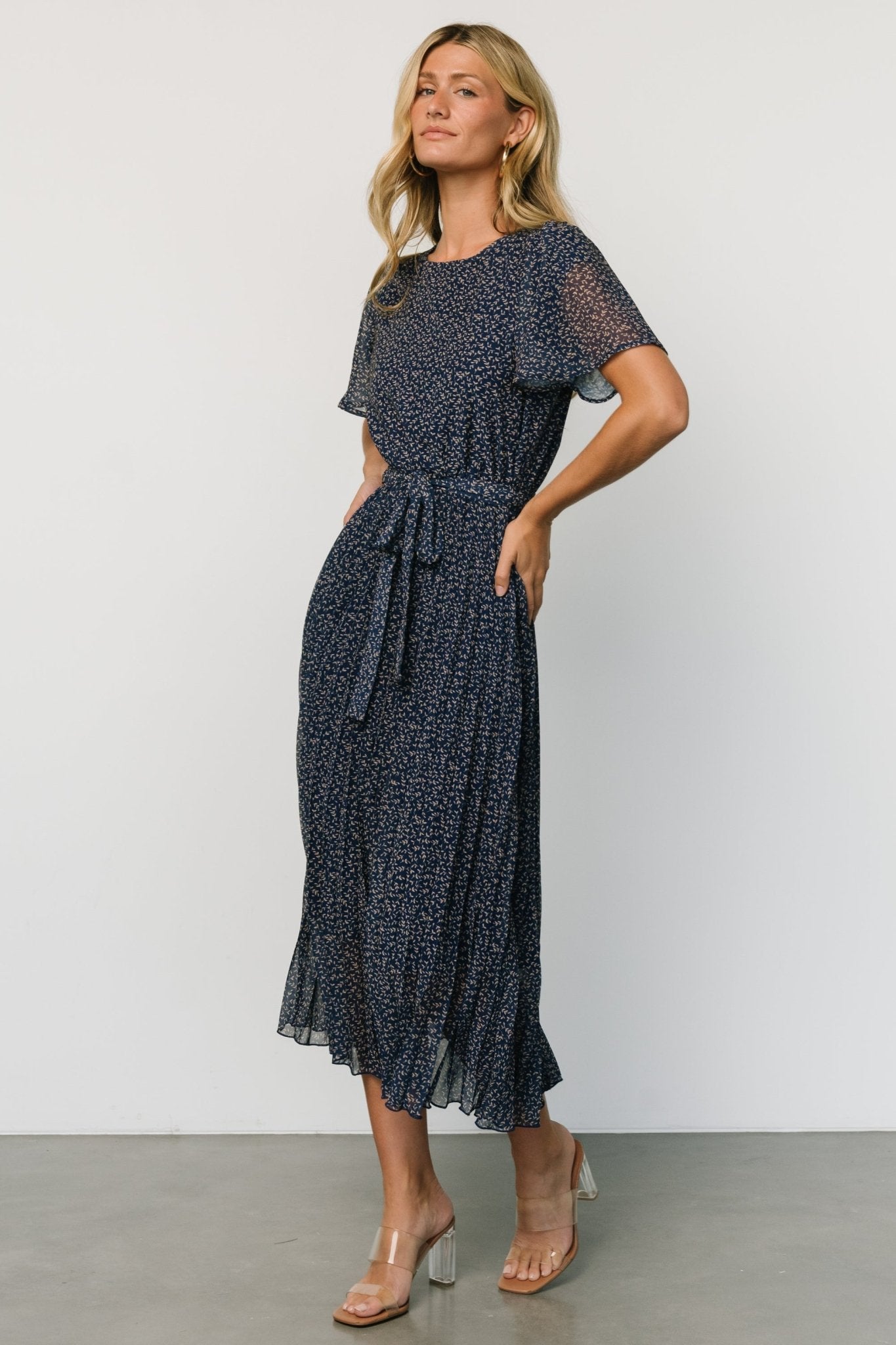 Prim Pleated Dress | Navy Print - Baltic Born