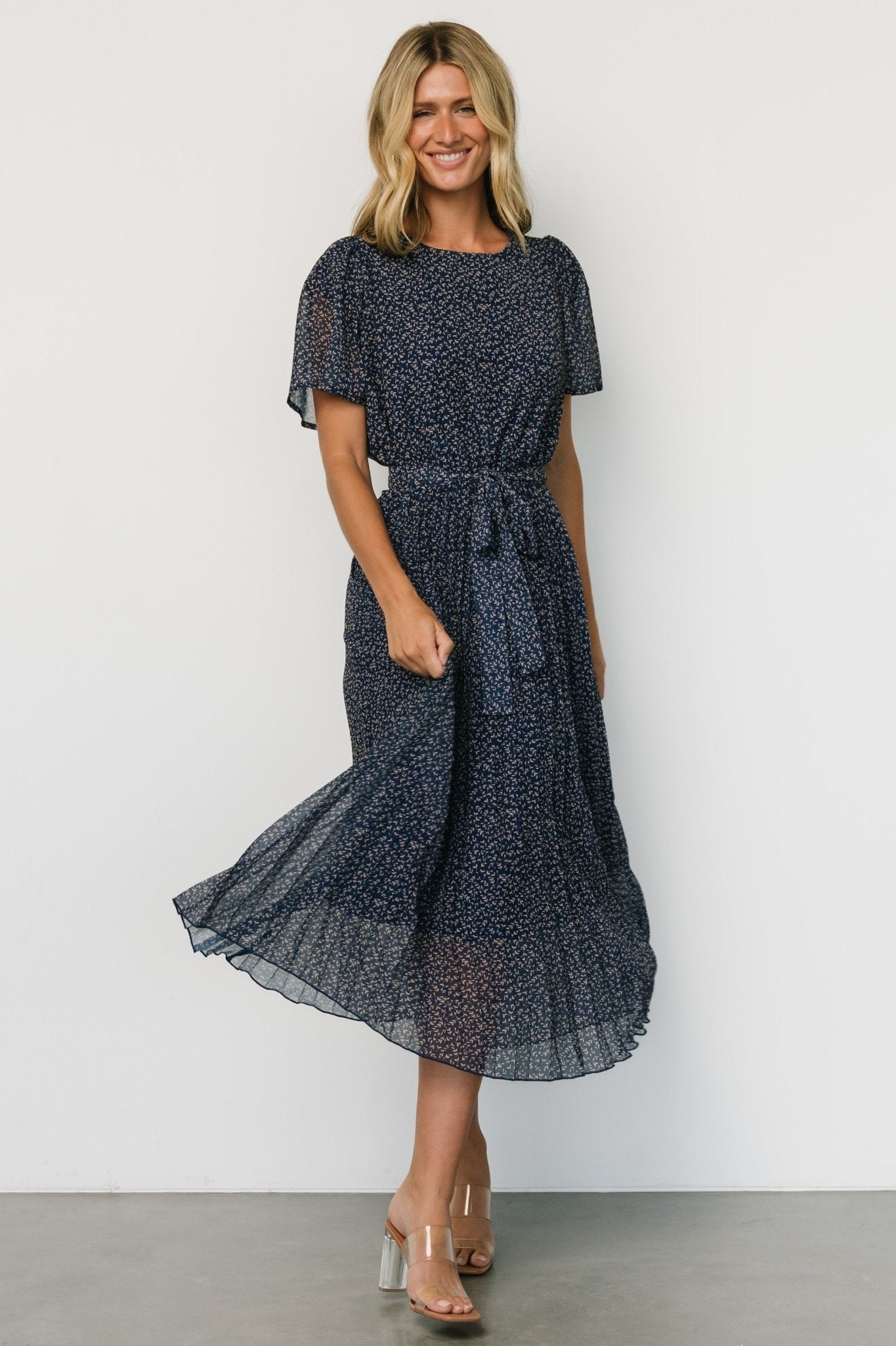 Prim Pleated Dress | Navy Print - Baltic Born