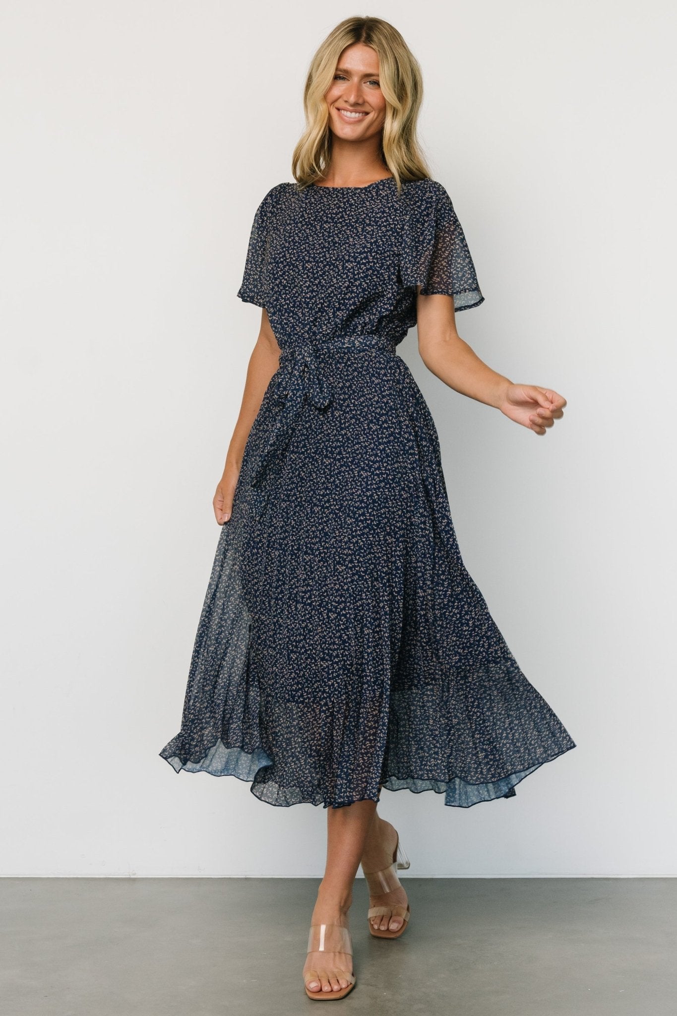 Prim Pleated Dress | Navy Print - Baltic Born