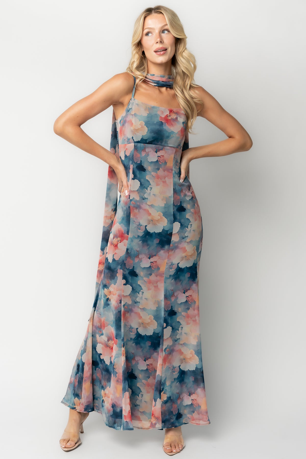 Province Maxi Dress in Blue Multi with a multicolored design and maxi-length silhouette.