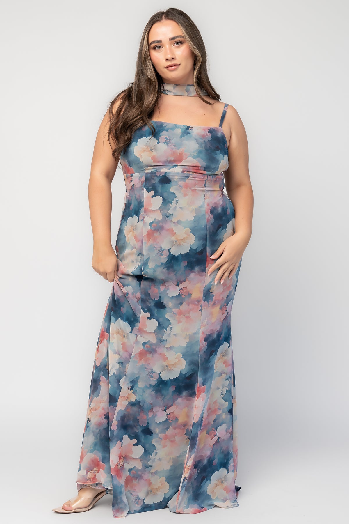 Province Maxi Dress in Blue Multi with a multicolored design and maxi-length silhouette.