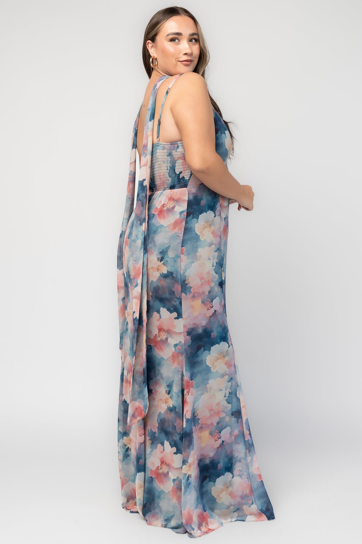 Province Maxi Dress in Blue Multi with a multicolored design and maxi-length silhouette.