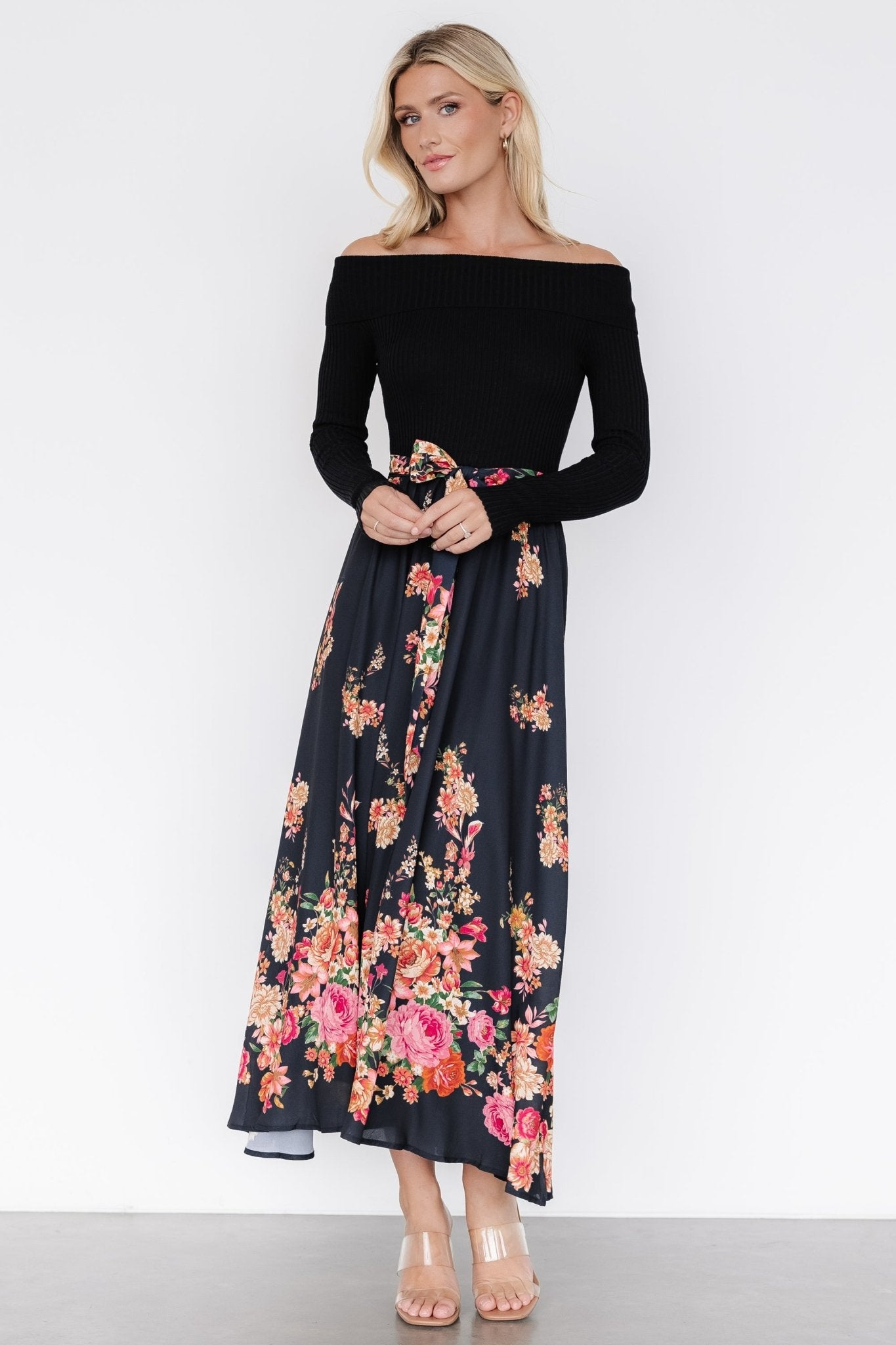 Qadira Off Shoulder Dress | Black + Multi Floral - Baltic Born