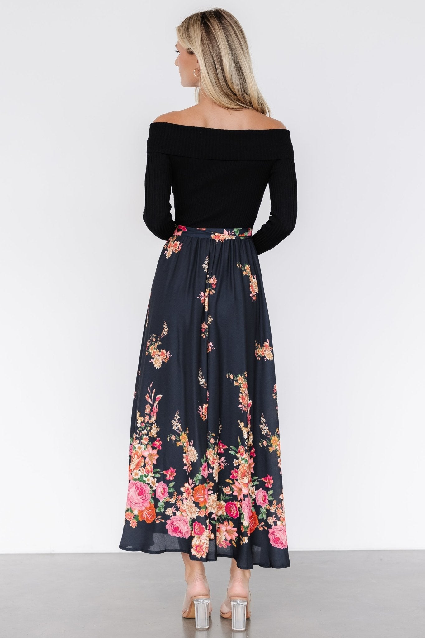 Qadira Off Shoulder Dress | Black + Multi Floral - Baltic Born