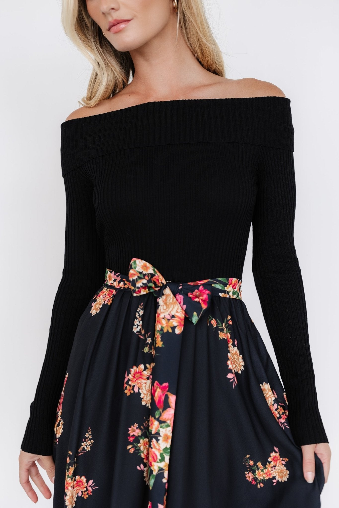 Qadira Off Shoulder Dress | Black + Multi Floral - Baltic Born