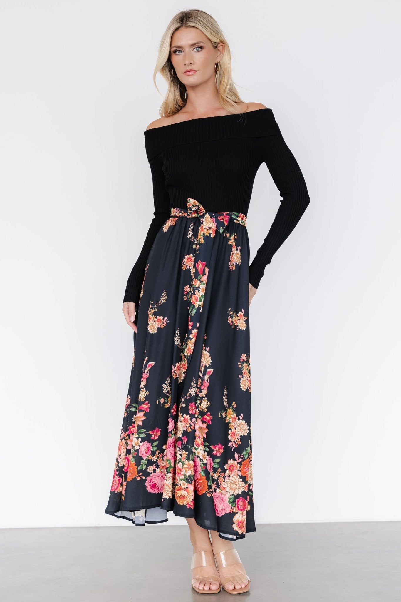 Qadira Off Shoulder Dress | Black + Multi Floral - Baltic Born