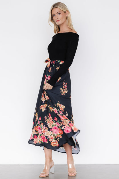 Qadira Off Shoulder Dress | Black + Multi Floral - Baltic Born