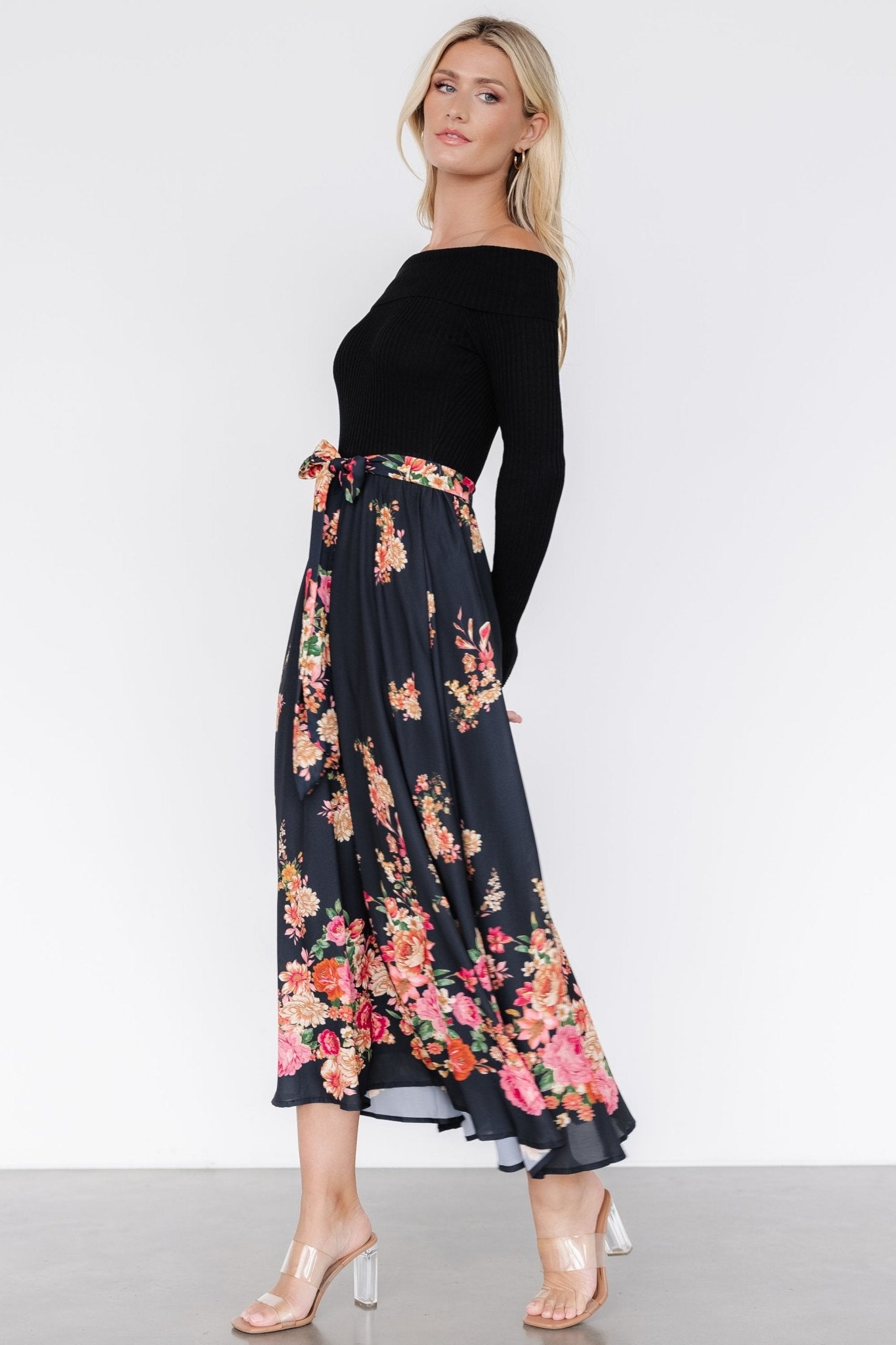 Qadira Off Shoulder Dress | Black + Multi Floral - Baltic Born