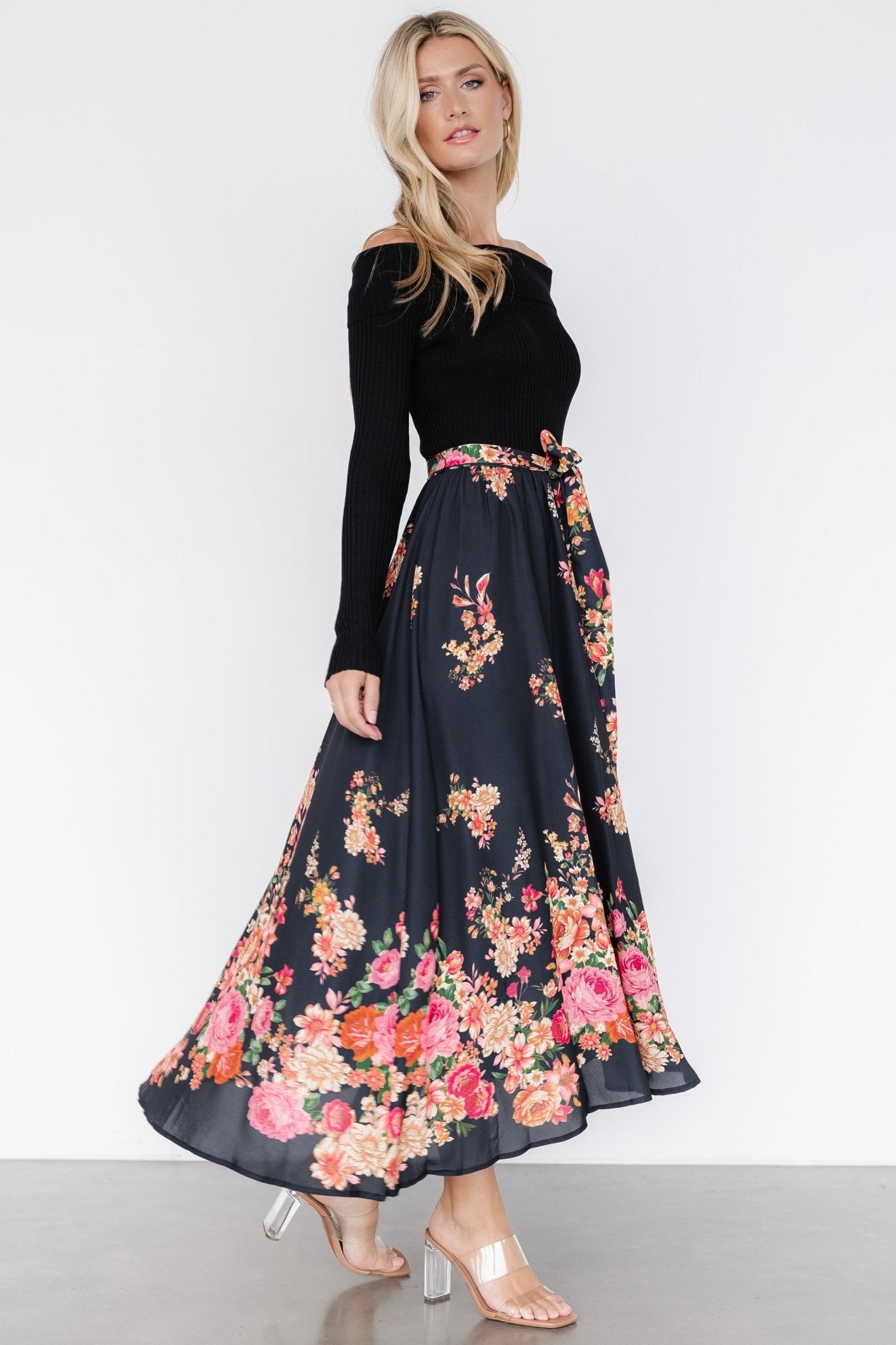 Qadira Off Shoulder Dress | Black + Multi Floral - Baltic Born