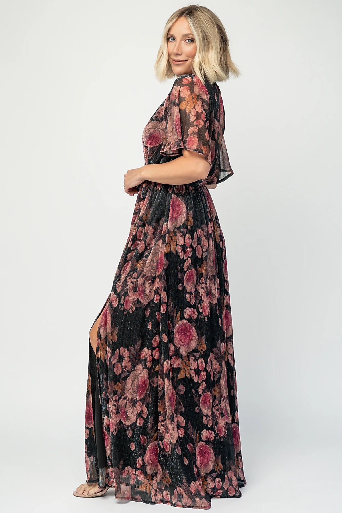 Rachel Maxi Dress in Black + Pink with shimmer florals, surplice neckline, self-tie sash, and leg slit.