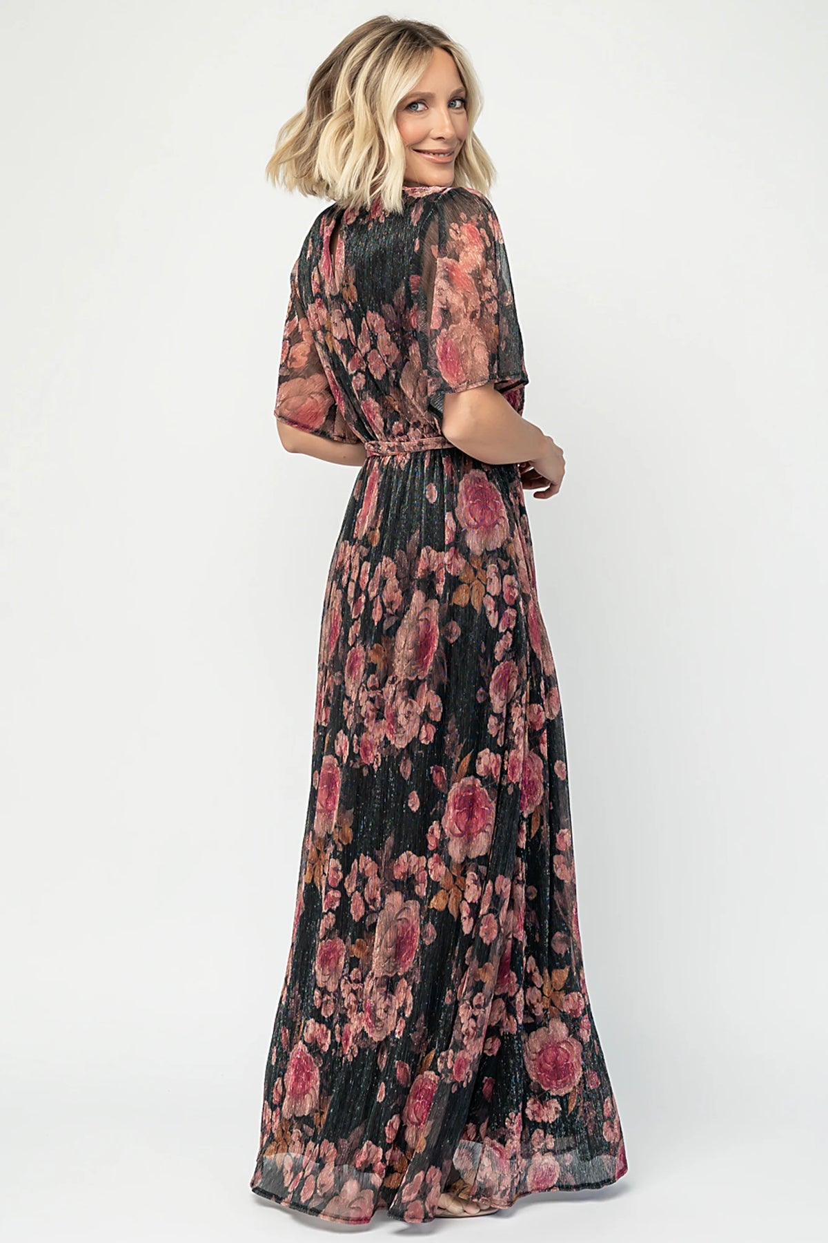 Rachel Maxi Dress in Black + Pink with shimmer florals, surplice neckline, self-tie sash, and leg slit.