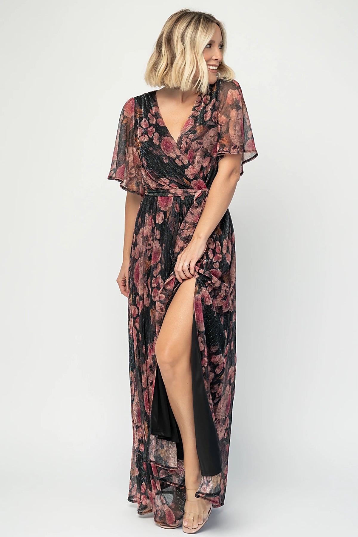 Rachel Maxi Dress in Black + Pink with shimmer florals, surplice neckline, self-tie sash, and leg slit.
