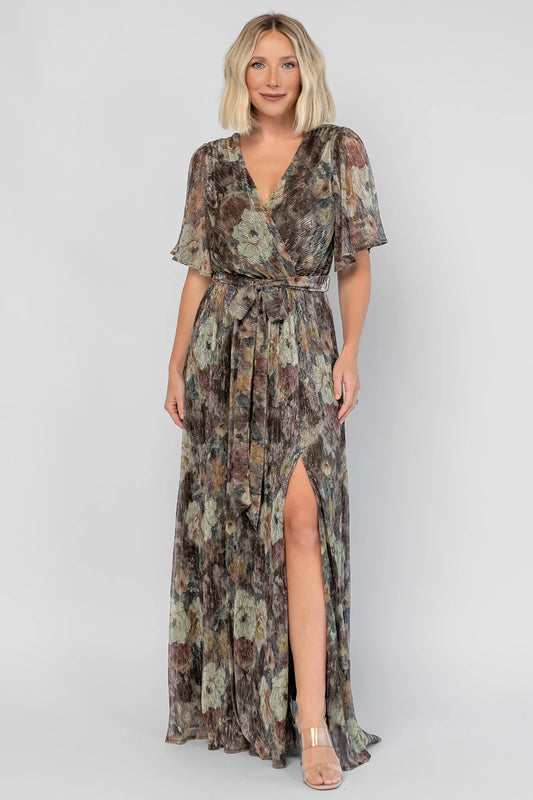 Rachel Maxi Dress in Green Multi with abstract floral details, a faux-wrap neckline, and semi-sheer overlay.