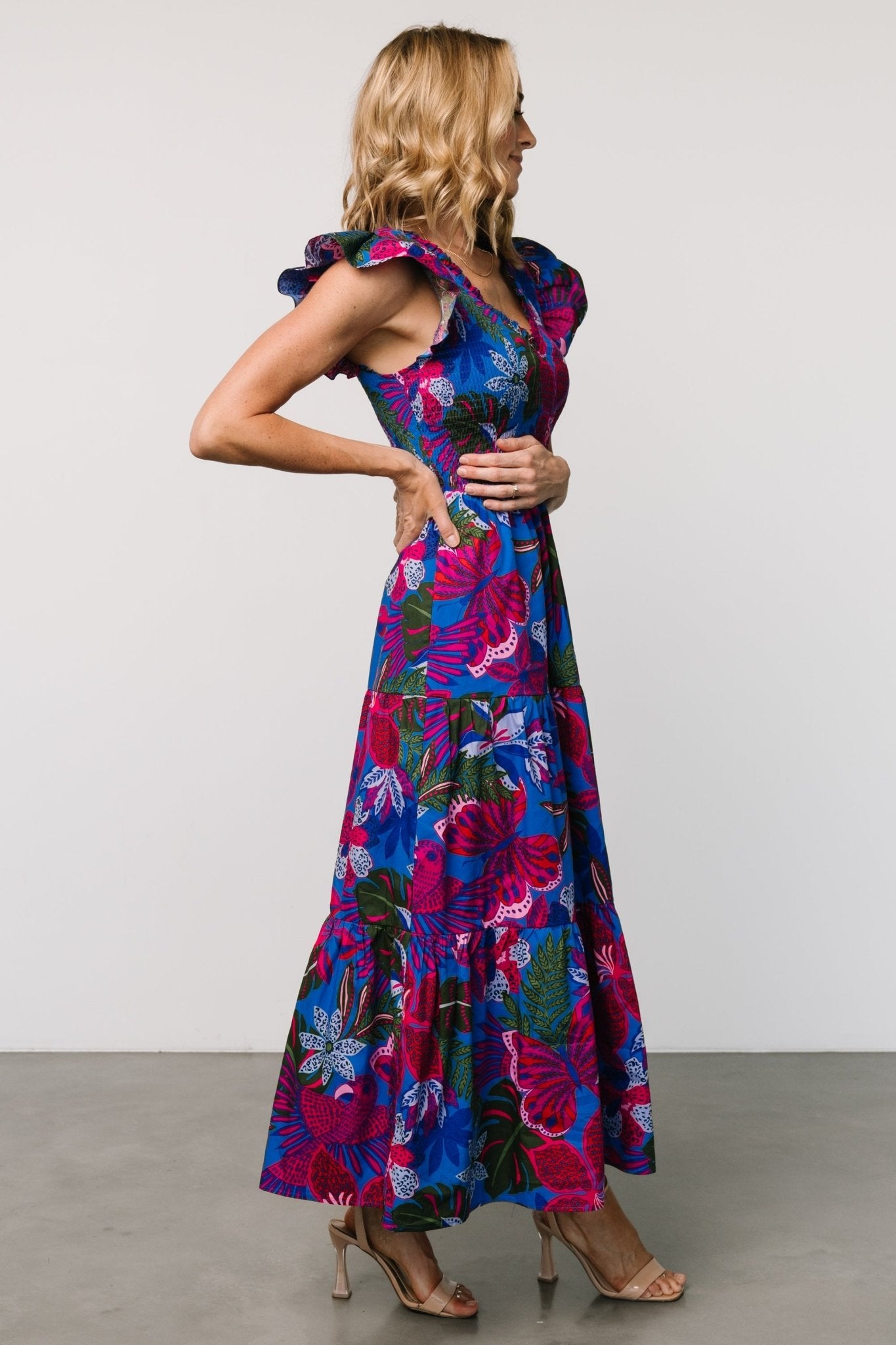 Ranchero Smocked Maxi Dress | Cobalt + Fuchsia Print - Baltic Born