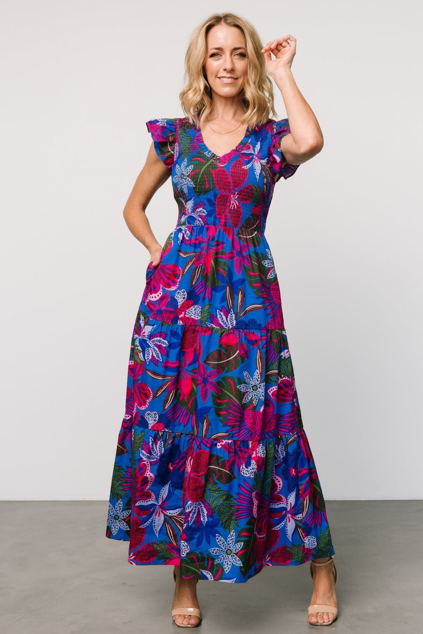 Ranchero Smocked Maxi Dress | Cobalt + Fuchsia Print - Baltic Born