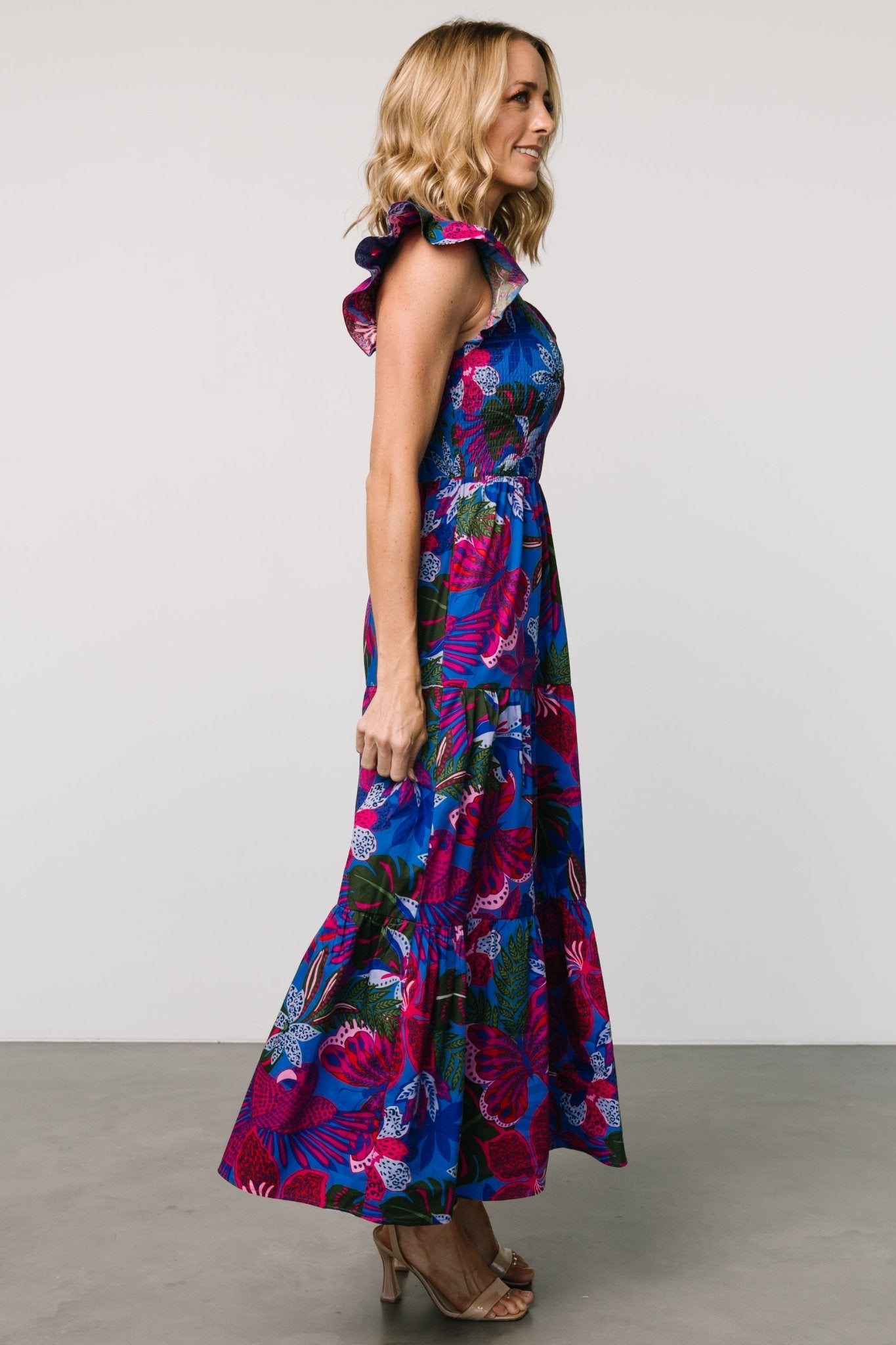 Ranchero Smocked Maxi Dress | Cobalt + Fuchsia Print - Baltic Born