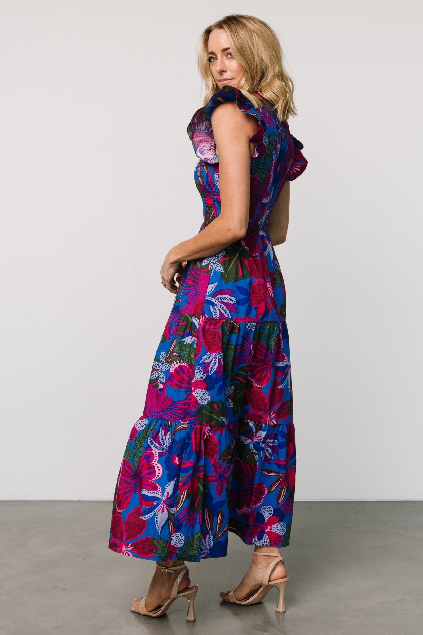 Ranchero Smocked Maxi Dress | Cobalt + Fuchsia Print - Baltic Born