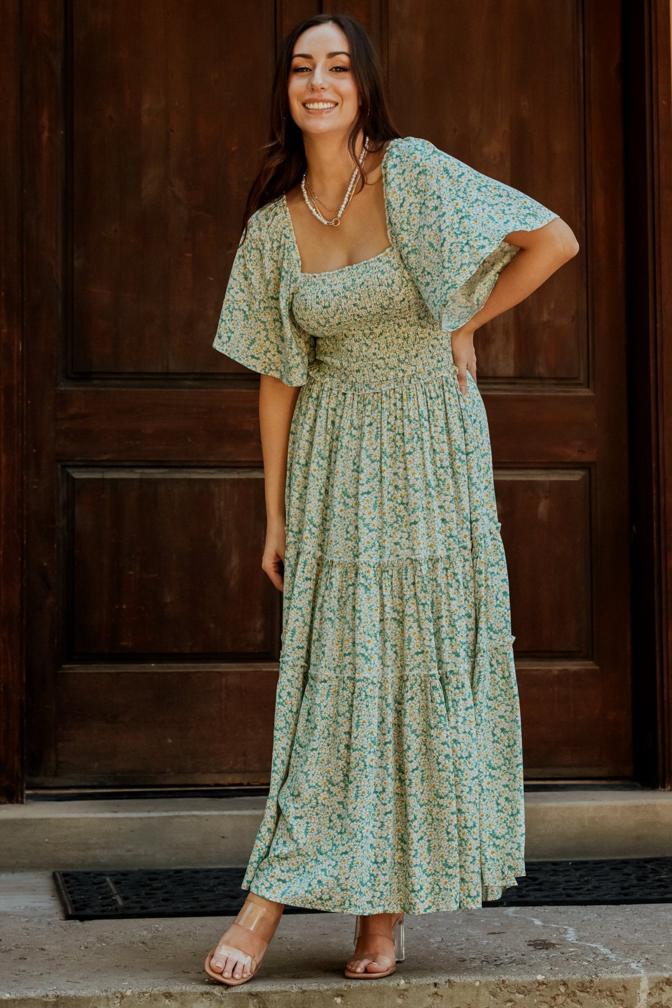 Floral smocked maxi dress sales
