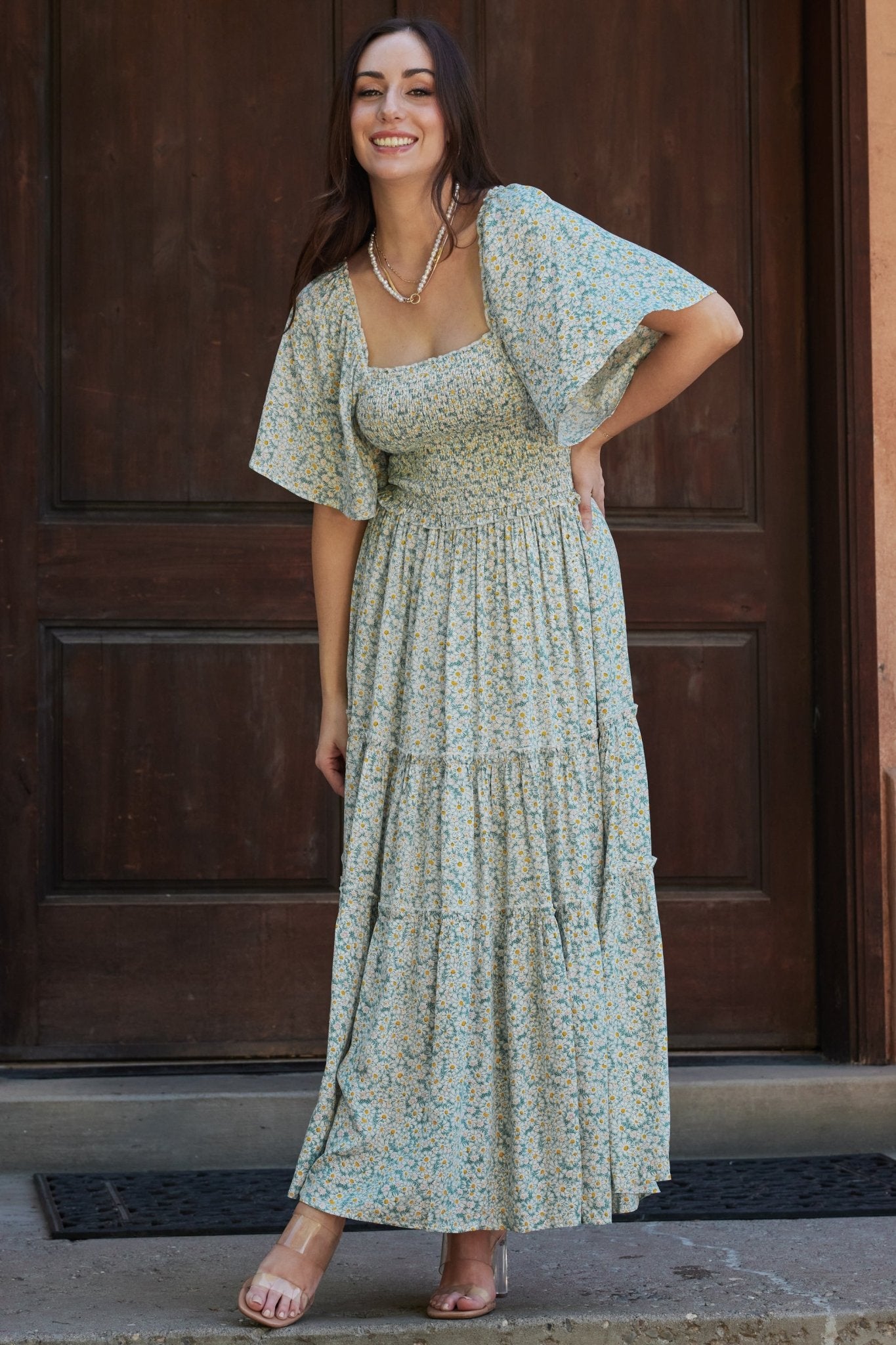 Regina Smocked Maxi Dress Green Floral - Main Image