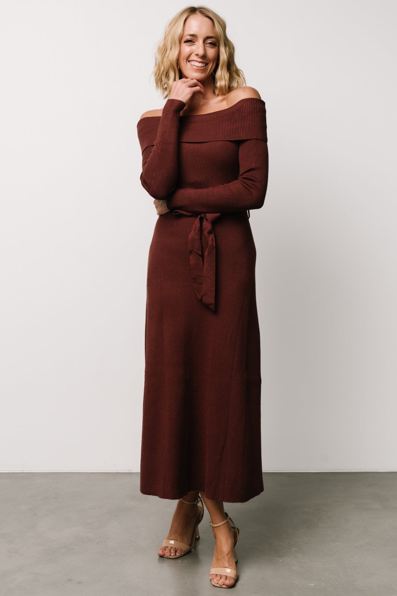 Rheta Off Shoulder Sweater Dress | Mahogany - Baltic Born