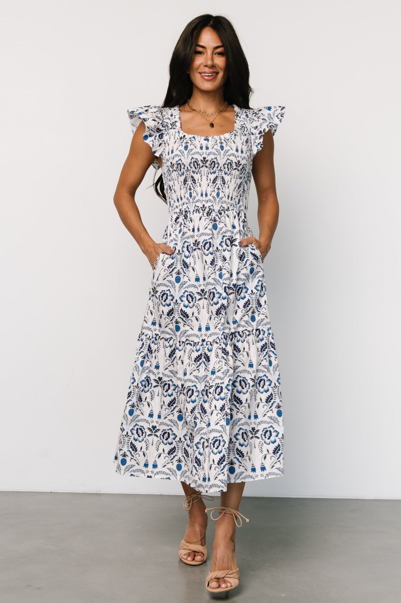 Baltic Born Womens Rhodes Smocked Dress | White + Blue Print