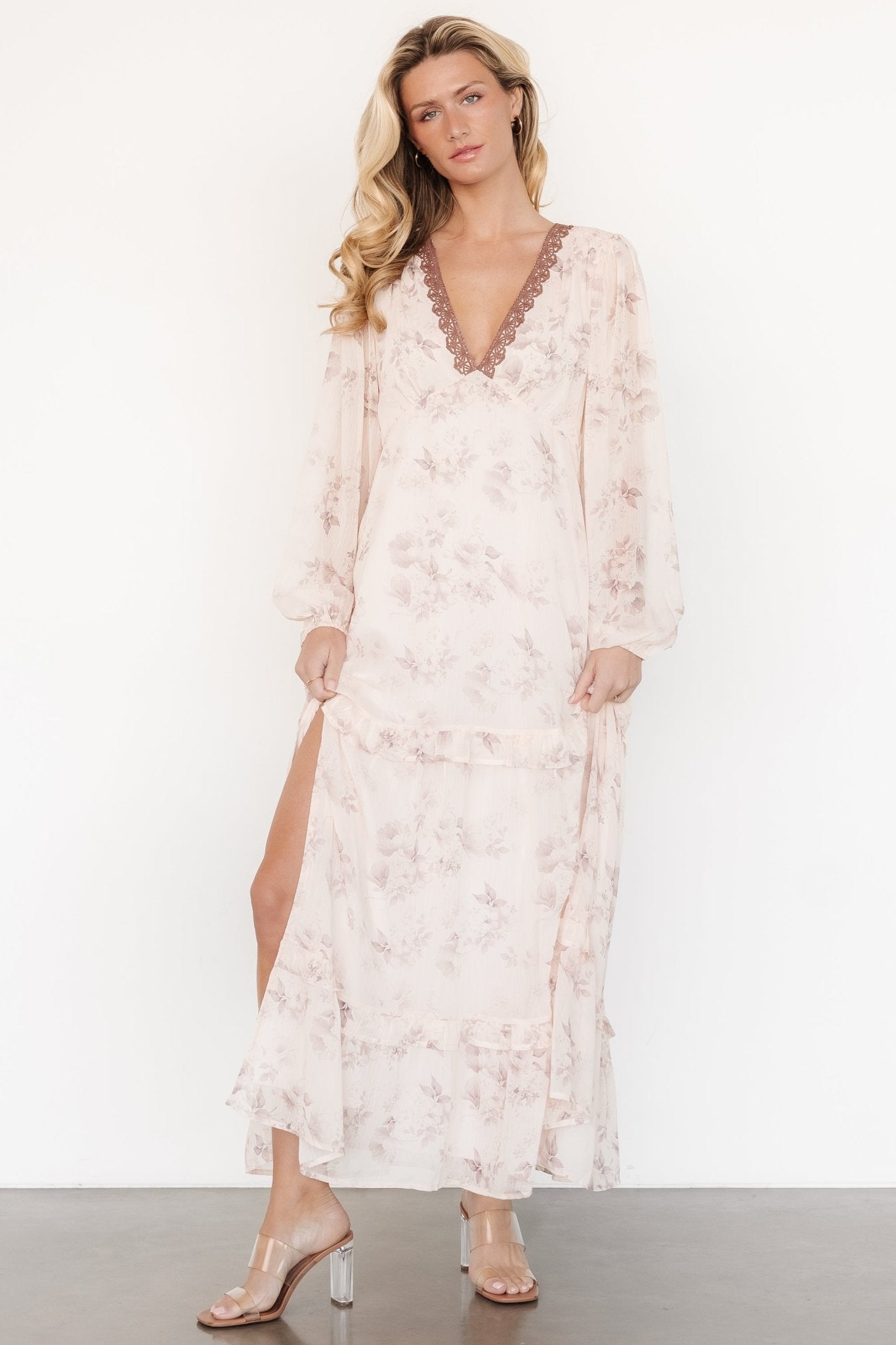 Rumi Deep V Maxi Dress | Beige + Clove Floral - Baltic Born