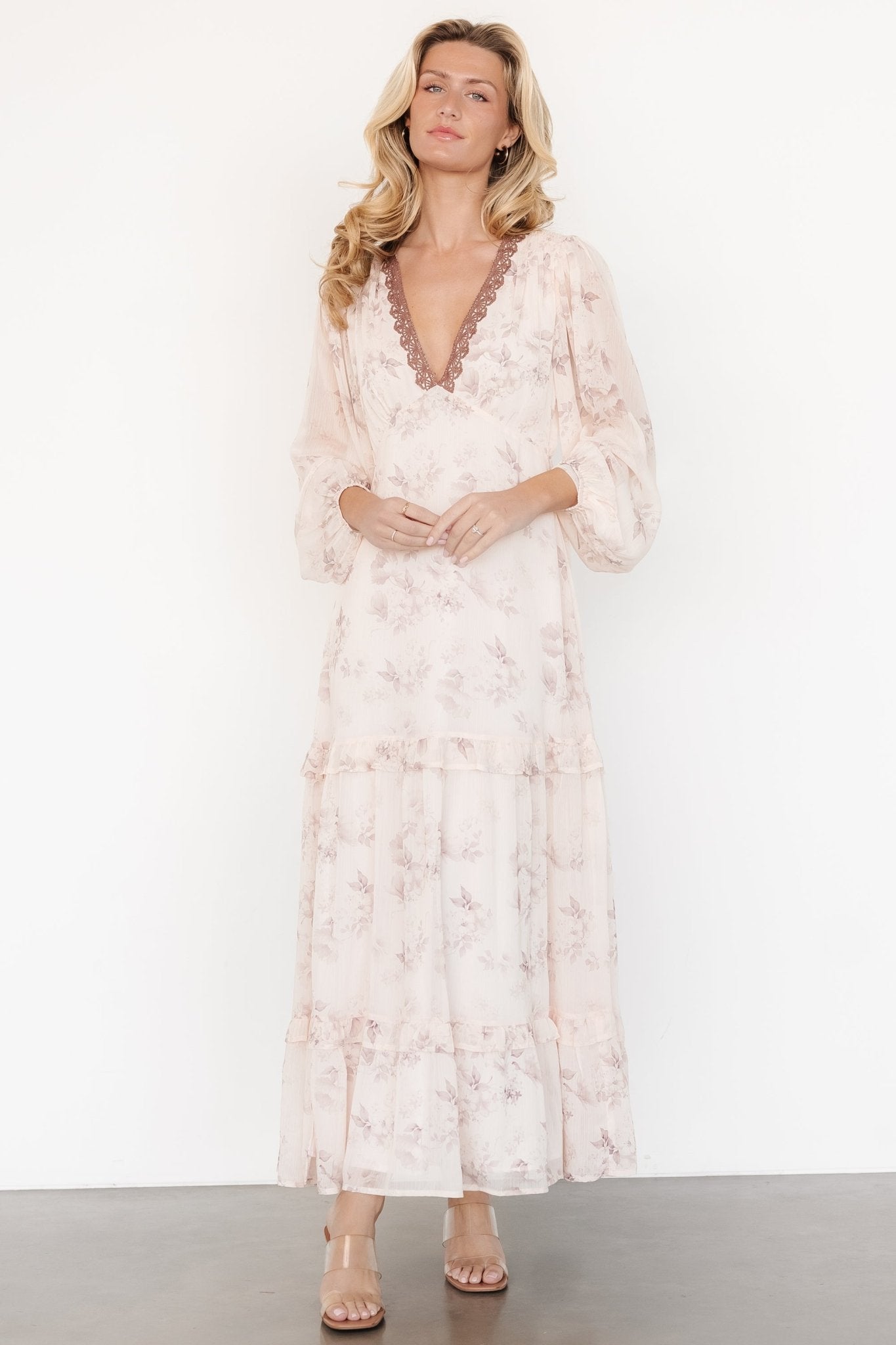 Rumi Deep V Maxi Dress | Beige + Clove Floral - Baltic Born