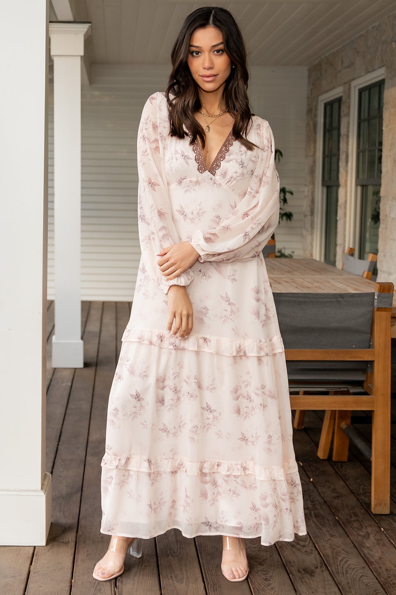 Baltic Born Womens Rumi Deep V Maxi Dress | Beige + Clove Floral