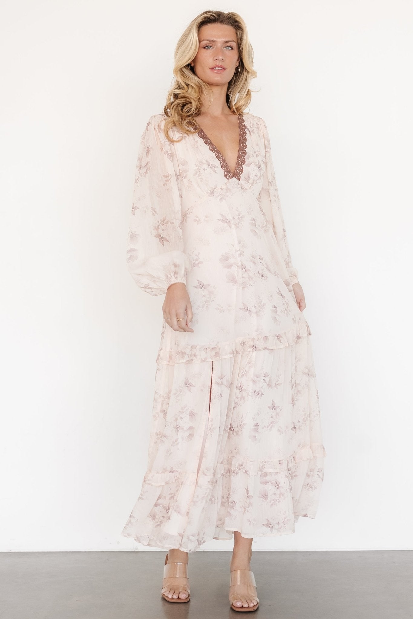 Rumi Deep V Maxi Dress | Beige + Clove Floral - Baltic Born