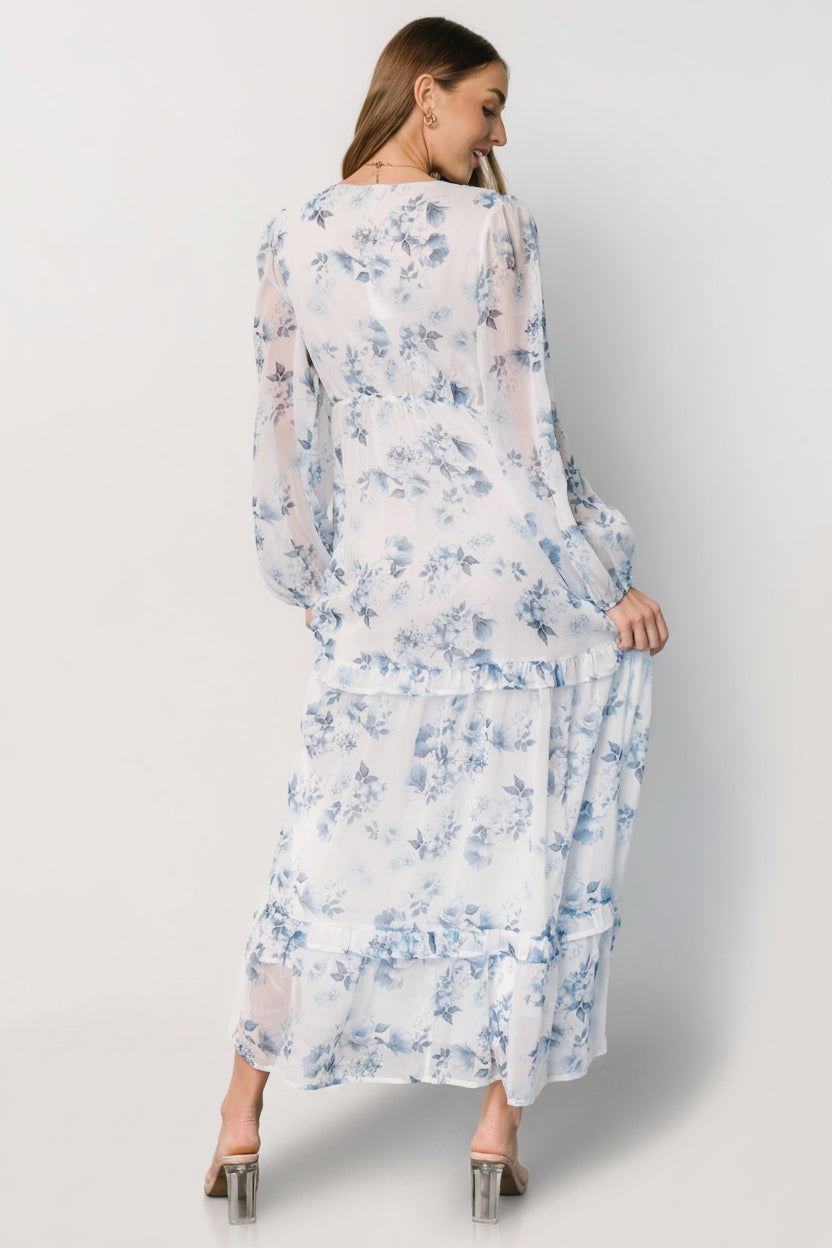 Rumi Deep V Maxi Dress | Off White + Blue Floral