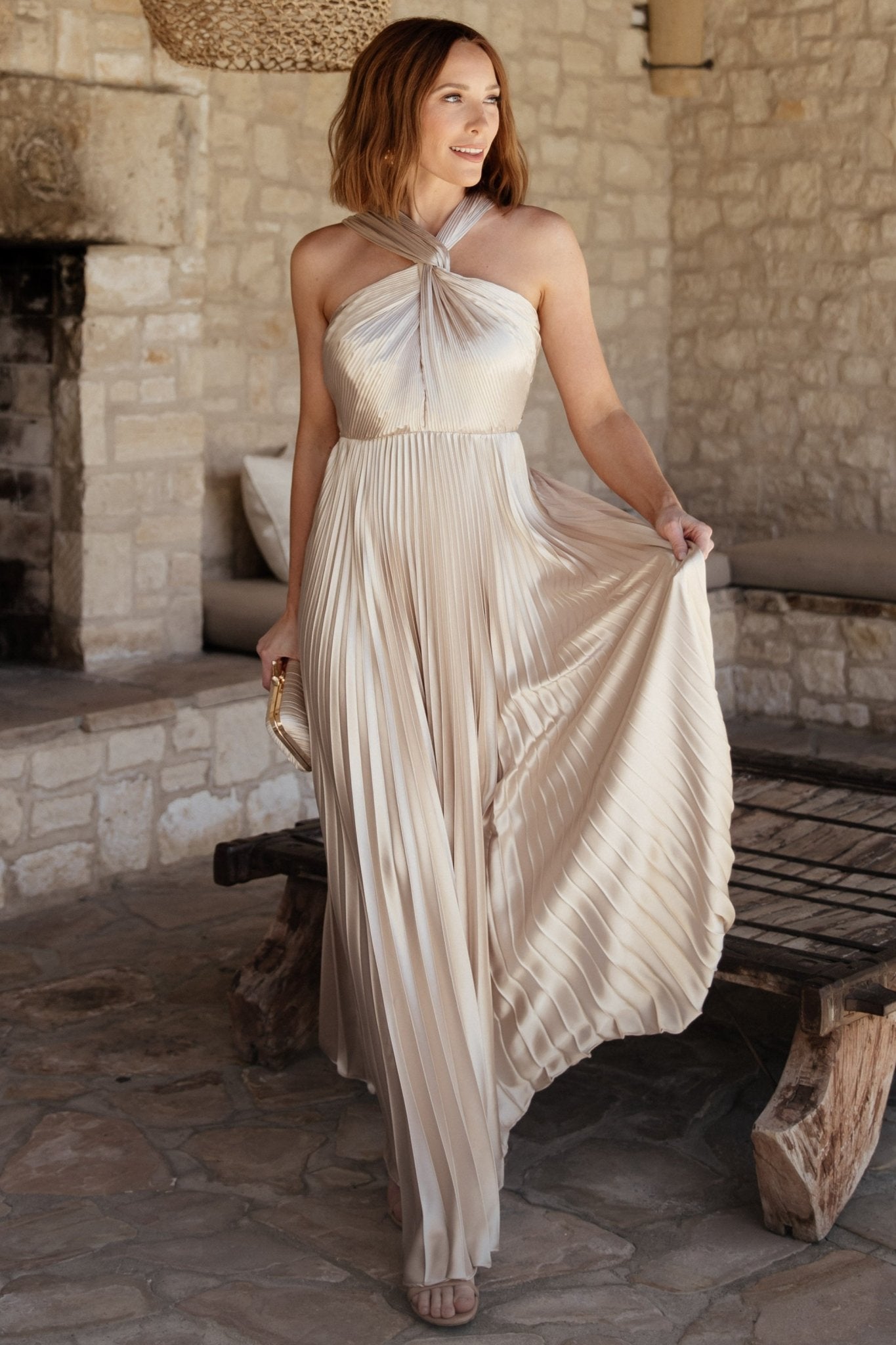 Baltic Born Womens Sandra Pleated Maxi Dress | Champagne