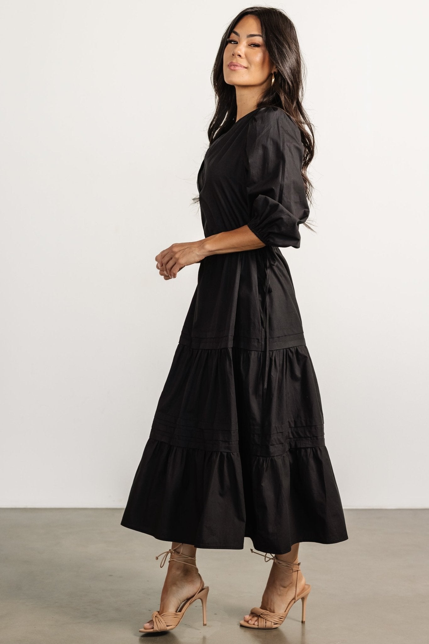 black poplin midi dress Black Cotton Poplin V-Neck Gathered Midi Wrap Dress 34" / Regular (5'2"