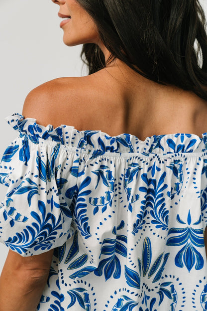 Santorini Off Shoulder Top | White + Blue - Baltic Born