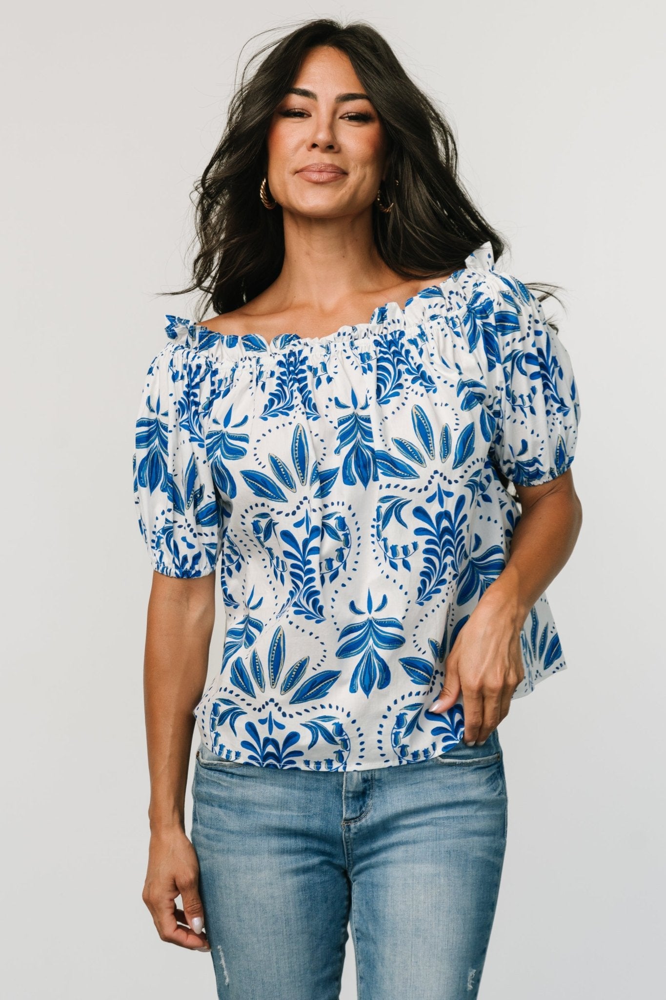 Santorini Off Shoulder Top | White + Blue - Baltic Born