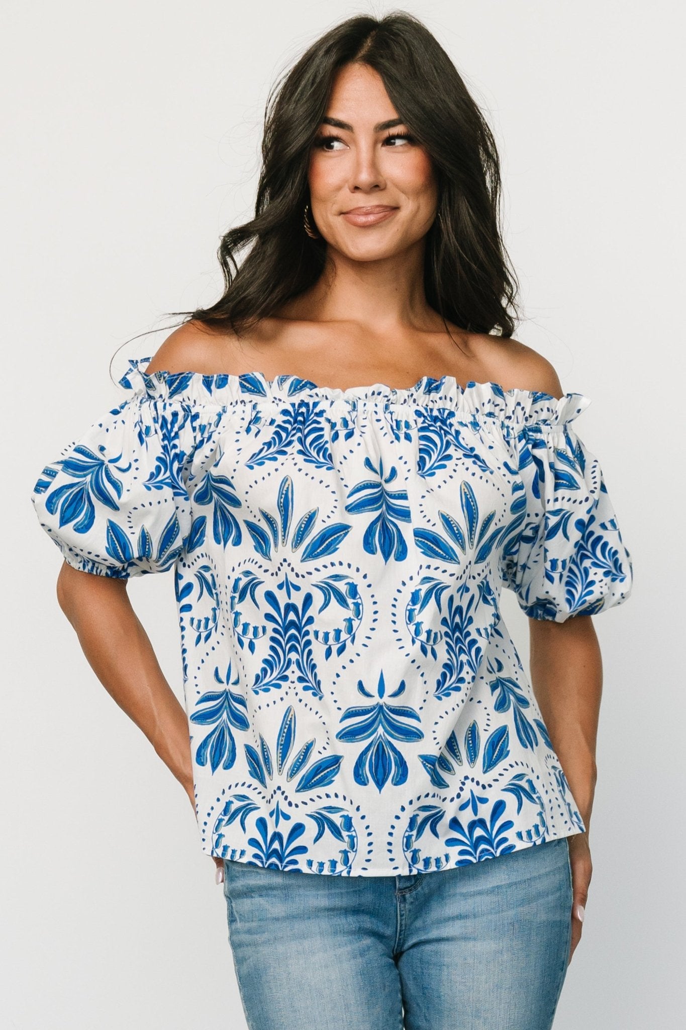 Santorini Off Shoulder Top | White + Blue - Baltic Born