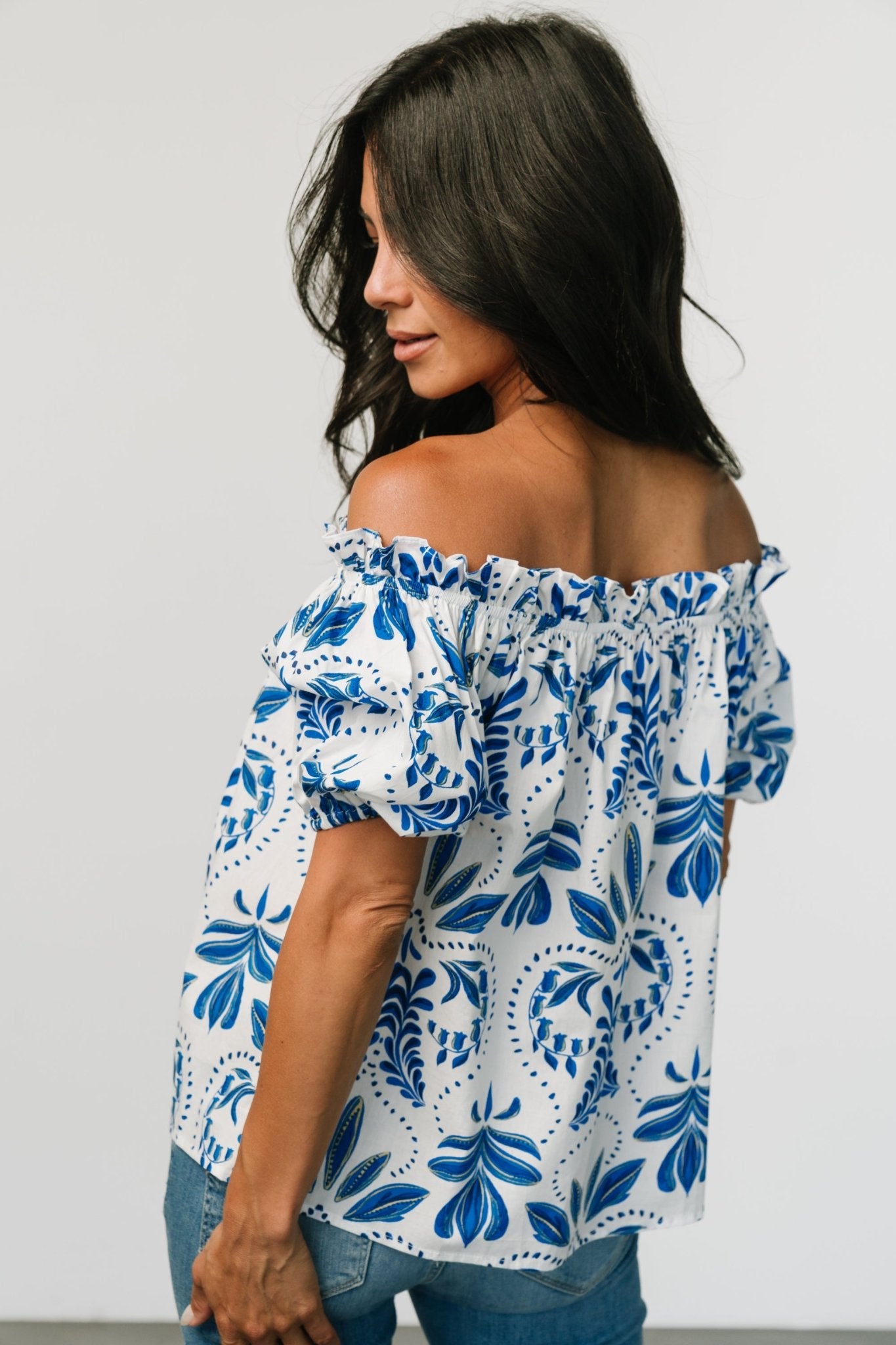 Santorini Off Shoulder Top | White + Blue - Baltic Born