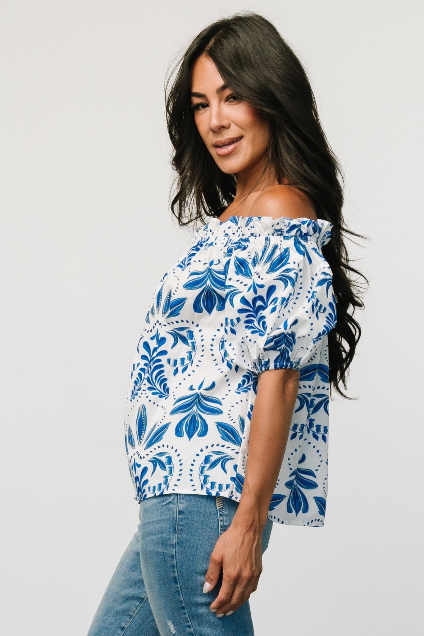 Santorini Off Shoulder Top | White + Blue - Baltic Born