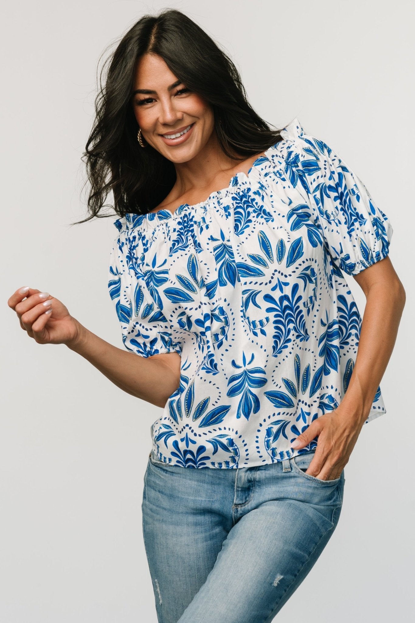 Santorini Off Shoulder Top | White + Blue - Baltic Born