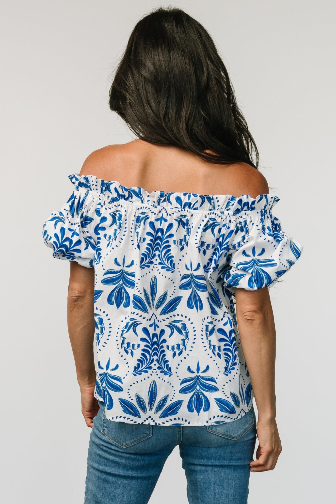 Santorini Off Shoulder Top | White + Blue - Baltic Born