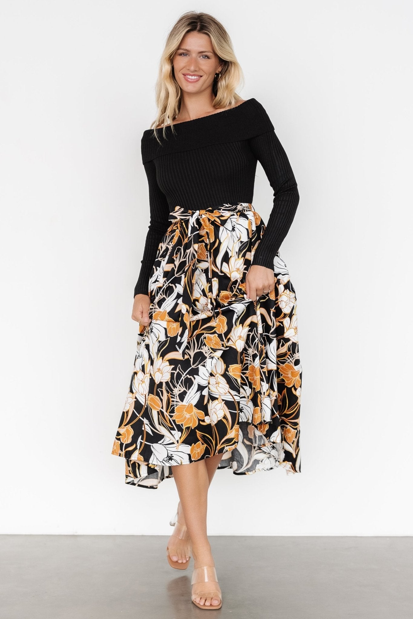 Selma Off Shoulder Dress | Black Multi - Baltic Born